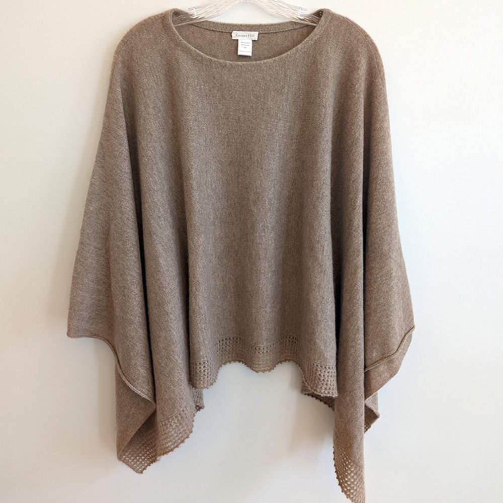 Garnet Hill 100% Cashmere Poncho One Size Boatneck Ruana Crochet Lace Tan
